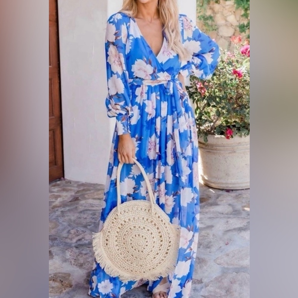 Pink Lily Blue Floral Long Sleeve Dress
